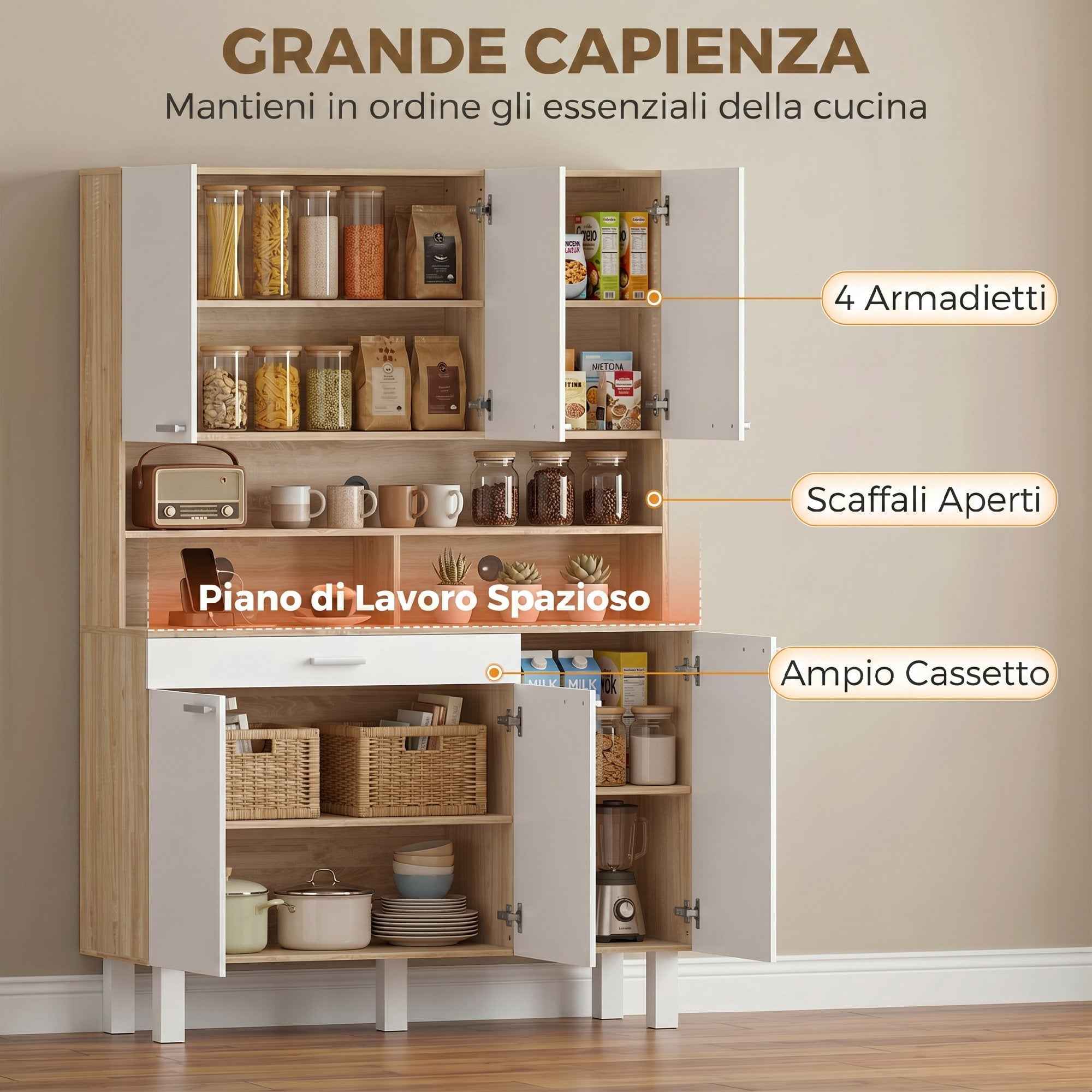 HOMCOM Kitchen Sideboard with Open Shelves, 4 Cabinets and Drawer, in Wood and Metal, 120x40x175 cm, White and Wood