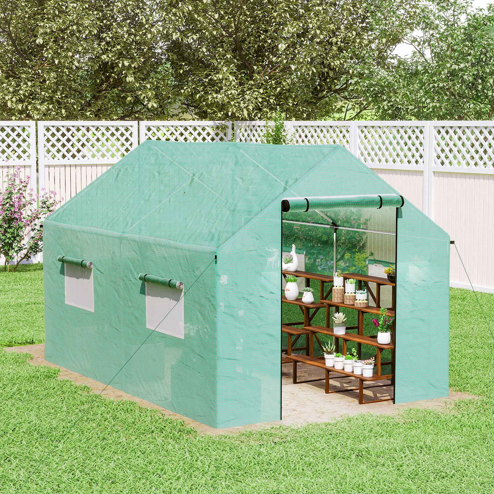 Outsunny 2x3x2 m Tunnel Greenhouse with Roller Doors and Windows and Pointed Roof, in Steel and PE, Green
