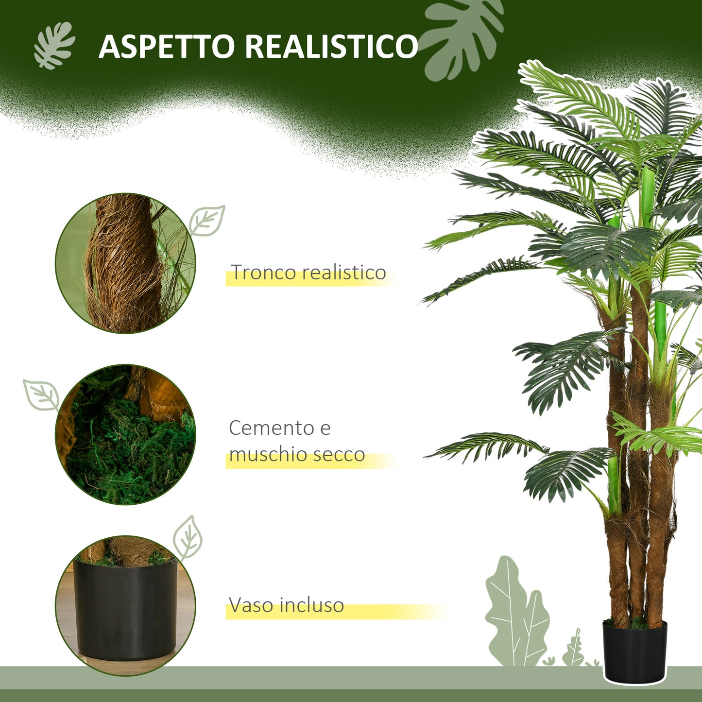 Green Artificial Palm 160 cm in Pot with 36 Leaves, in PE and Cement for Indoor and Outdoor