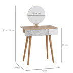 Dressing Table with Circular Mirror Ф39cm, Makeup Console with Drawer in Jungle Decor, White and Oak, 70x39x119-128cm