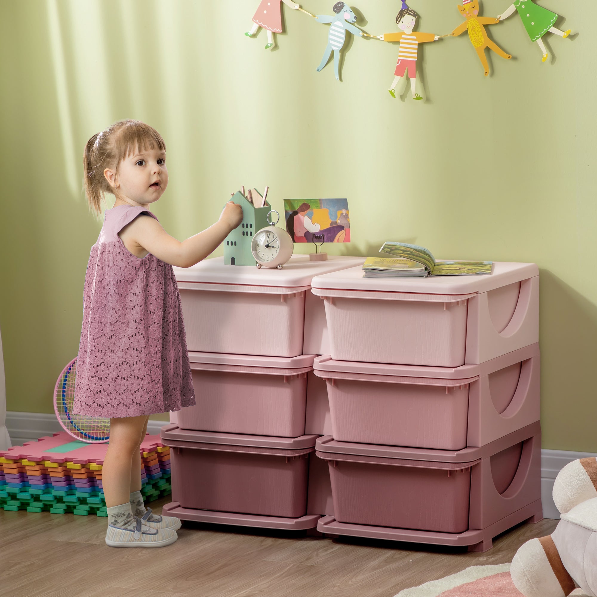 6-Drawer Children's Dresser with Rounded Edges, Pink PP, 75 x 37 x 56.5 cm