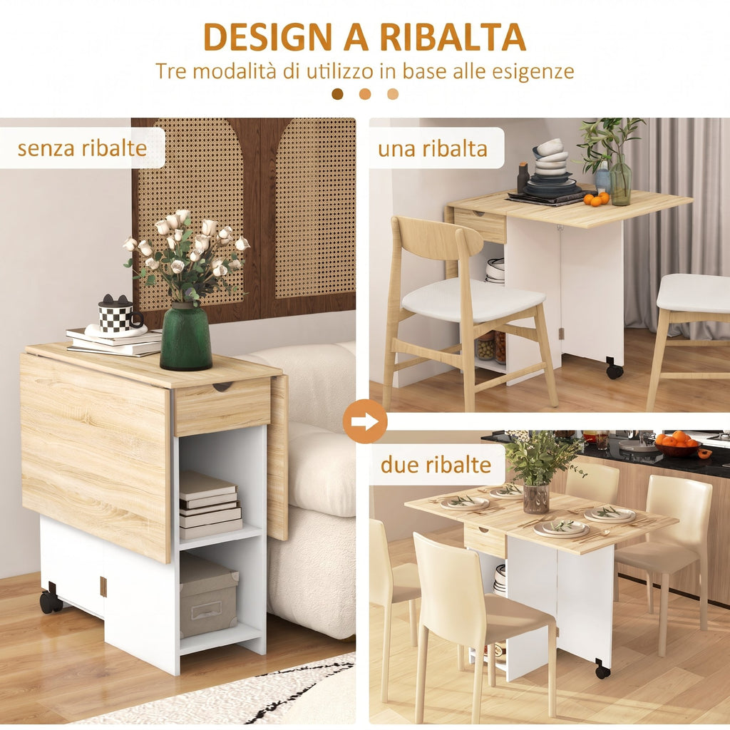HOMCOM Folding Dining Table with Drawer and Shelves, Space-Saving Table with Flip-Up Flaps for Kitchen, Dining Room, Living Room, Oak