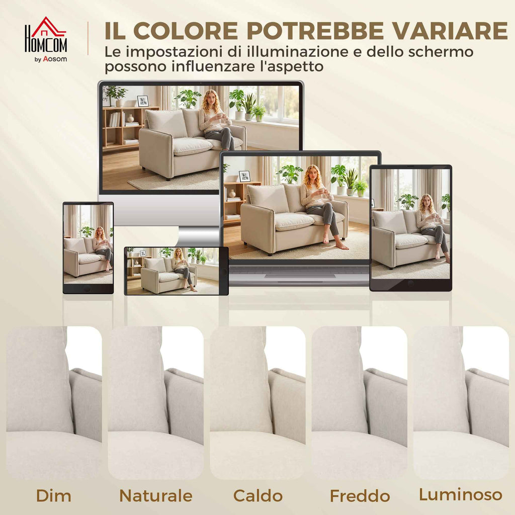 2-Seater Sofa with Breathable Leather Effect Fabric, Thick Padding, 2 Cushions, Armrests, for Living Room, Cream