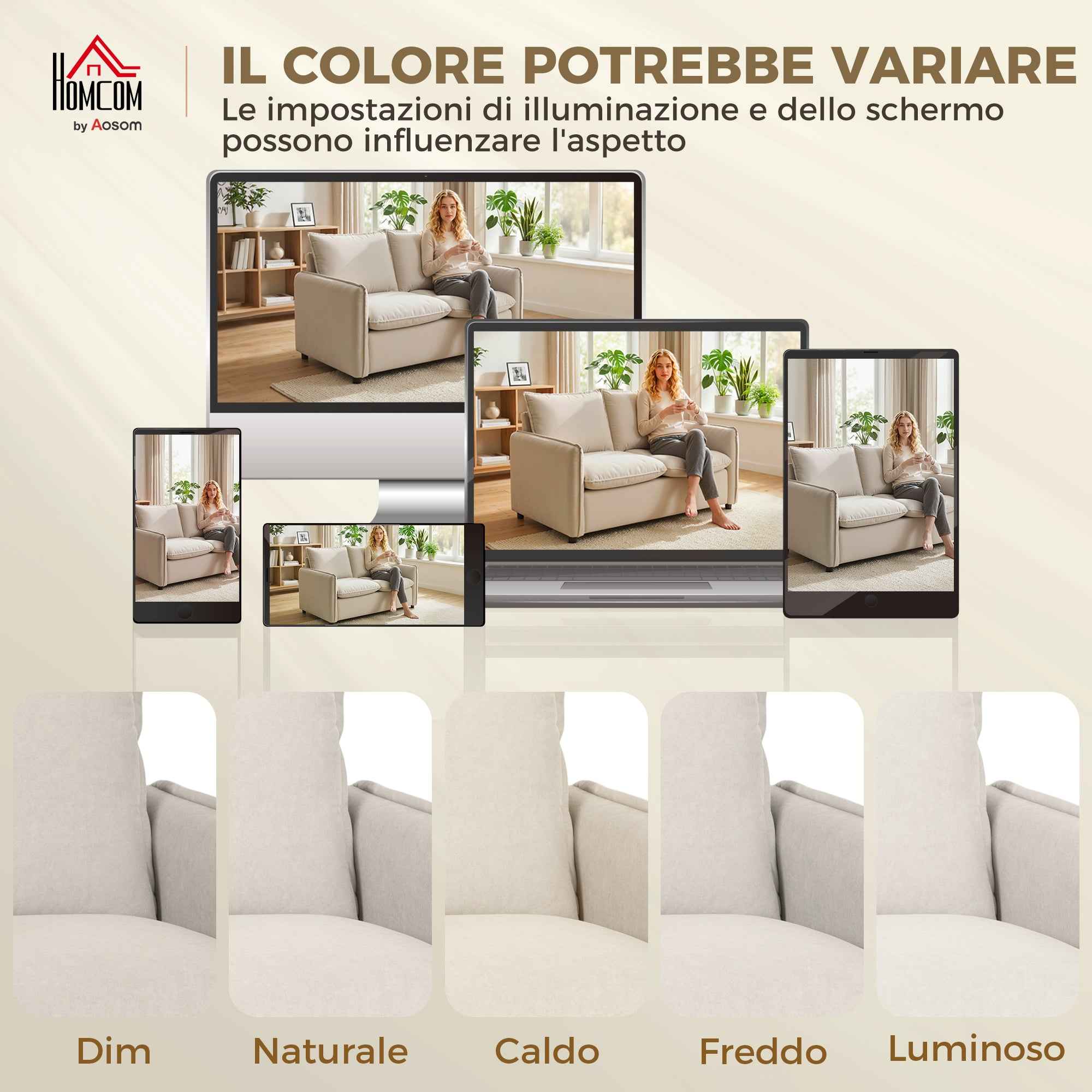 2-Seater Sofa with Breathable Leather Effect Fabric, Thick Padding, 2 Cushions, Armrests, for Living Room, Cream