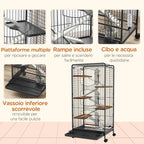 Small Animal Cage with Wheels, 5 Ramps and 5 Platforms, Bowl and Bottle, 61.5x44x131 cm, Black