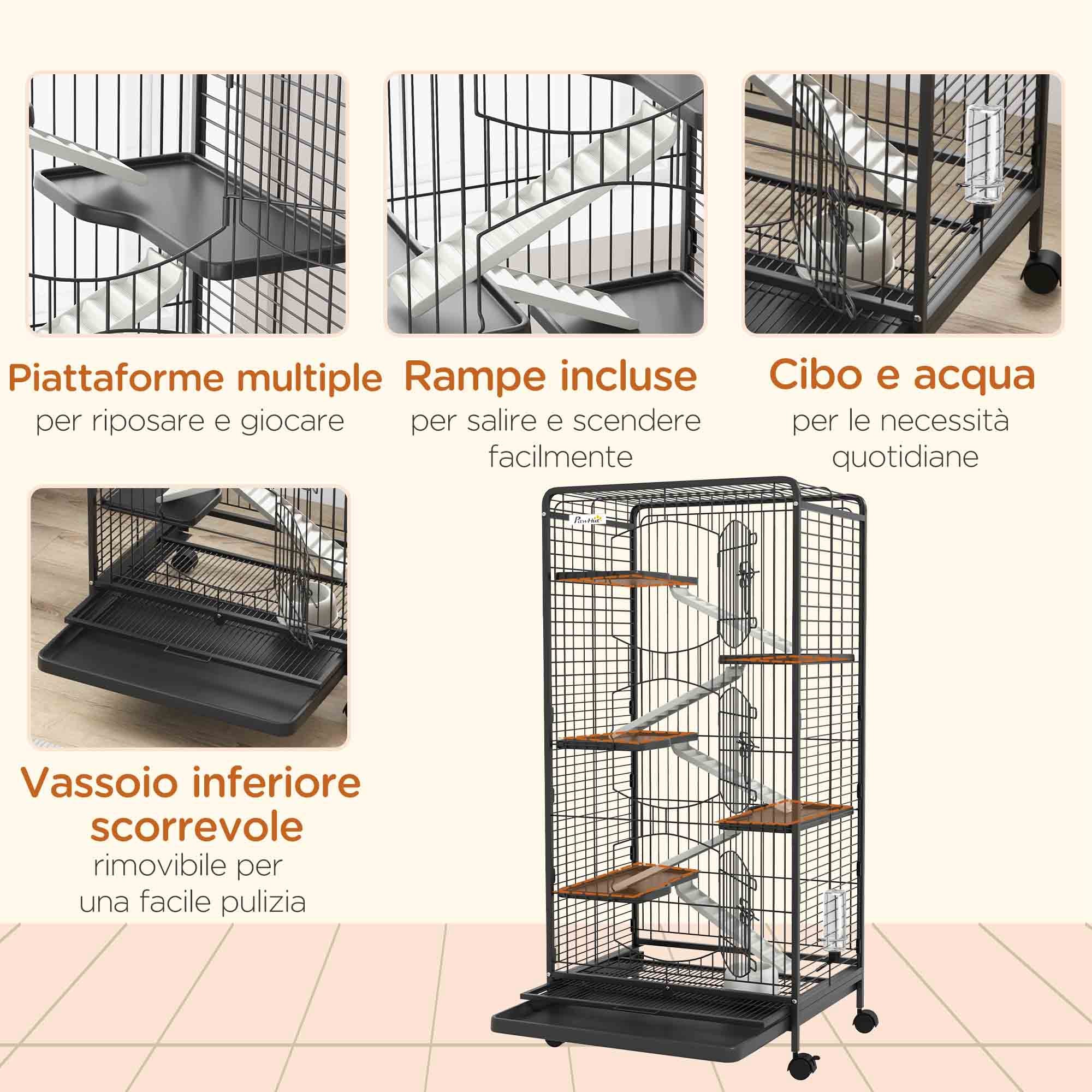 Small Animal Cage with Wheels, 5 Ramps and 5 Platforms, Bowl and Bottle, 61.5x44x131 cm, Black