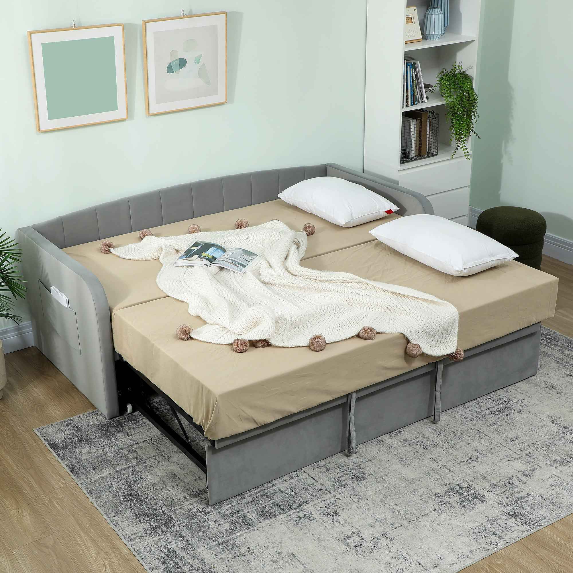 HOMCOM 3-Seater Sofa Bed with Pull-Out Cot, Convertible to a Double Bed, 205 x 186 x 75 cm, Light Grey