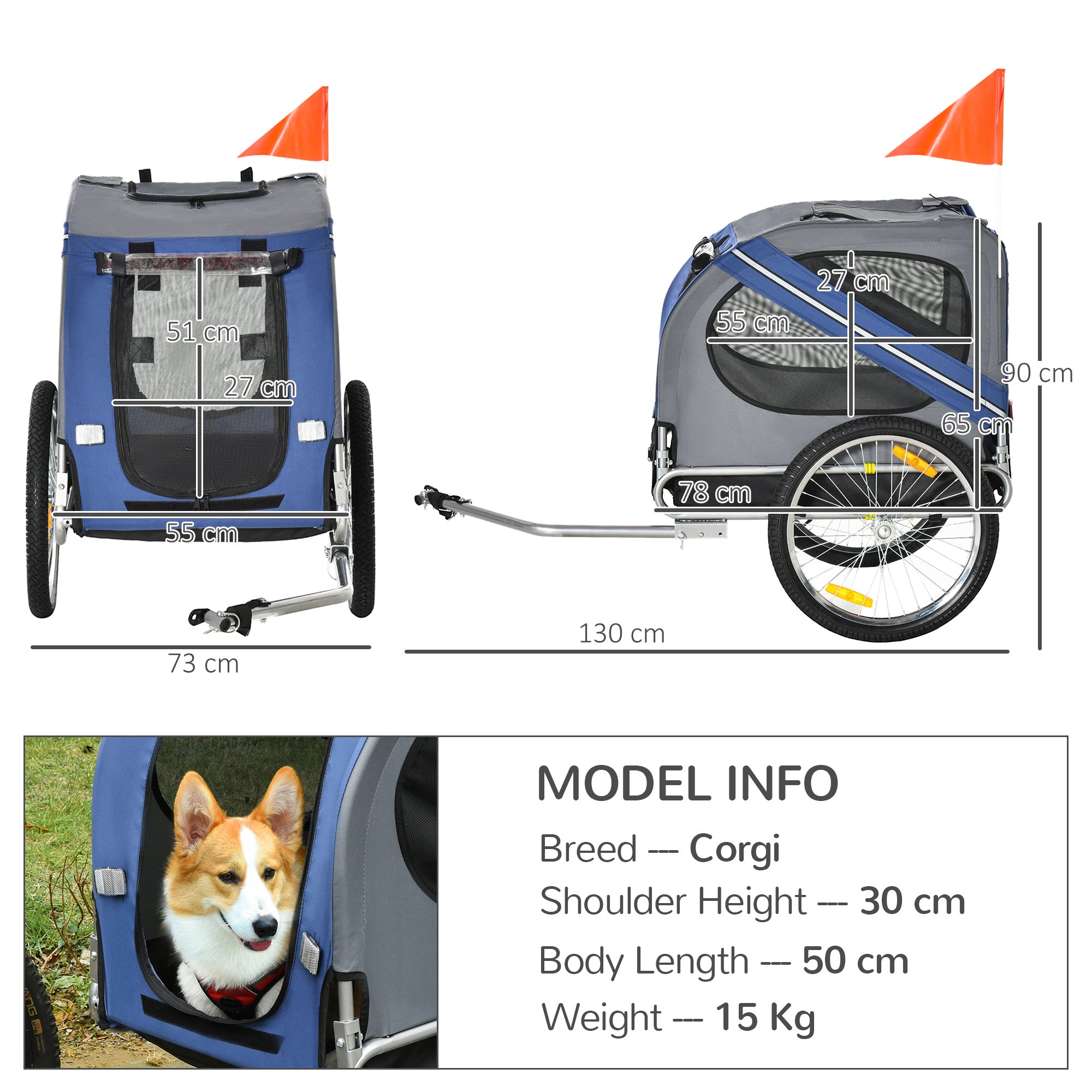 Pawhut bicycle trailer for dogs and cats 2 large 50cm wheels good ventilation flag safety flag resistant to blue and gray rail steel and oxford fabric - Borgè