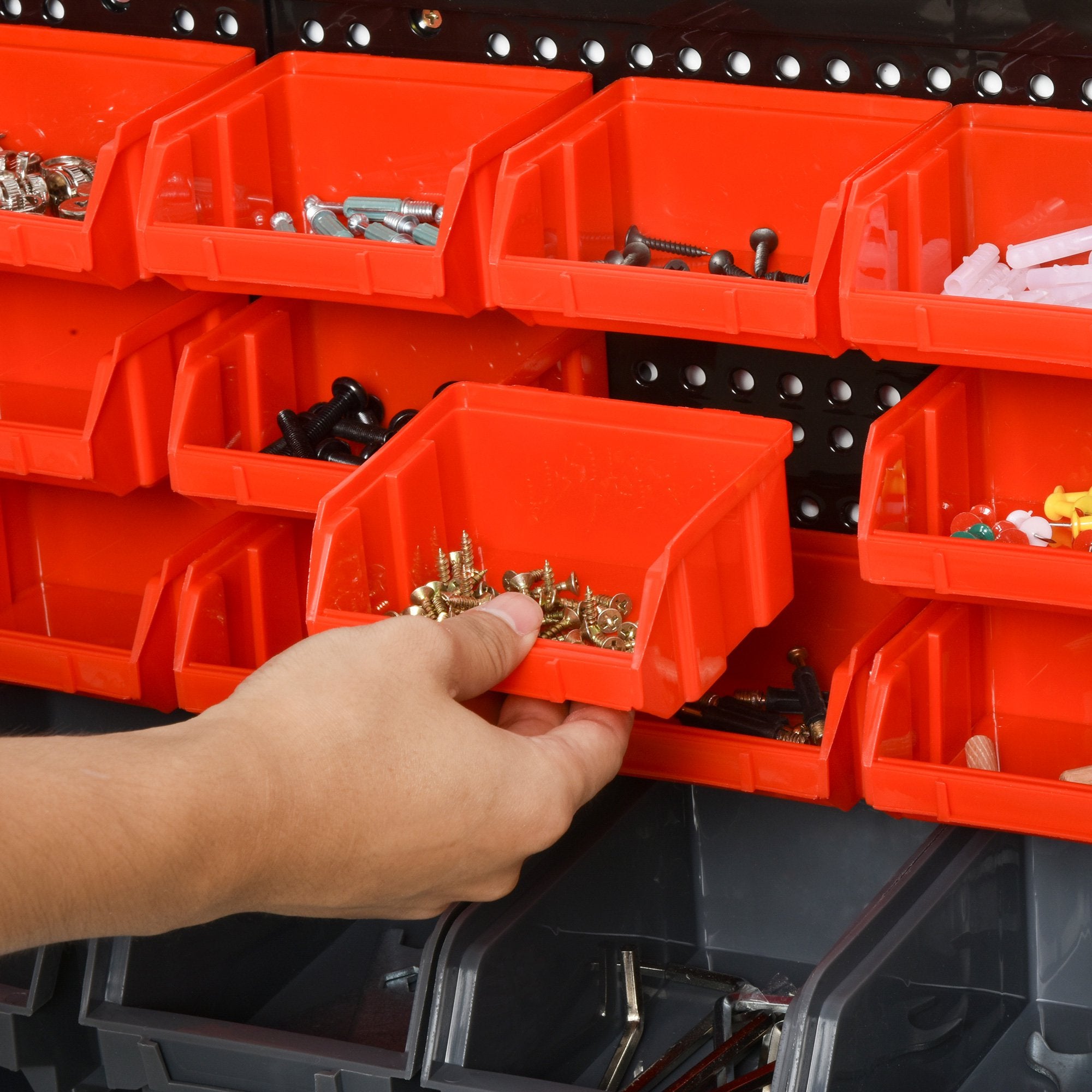 Tool Organizer with 30 Adjustable and Removable Bins, Wall Mounted, PP, Red Grey Black, 37.5x18x63cm