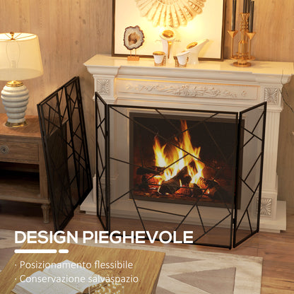 3-Panel Foldable Fireplace Spark Guard with Geometric Design, 135x1.2x85cm, Black