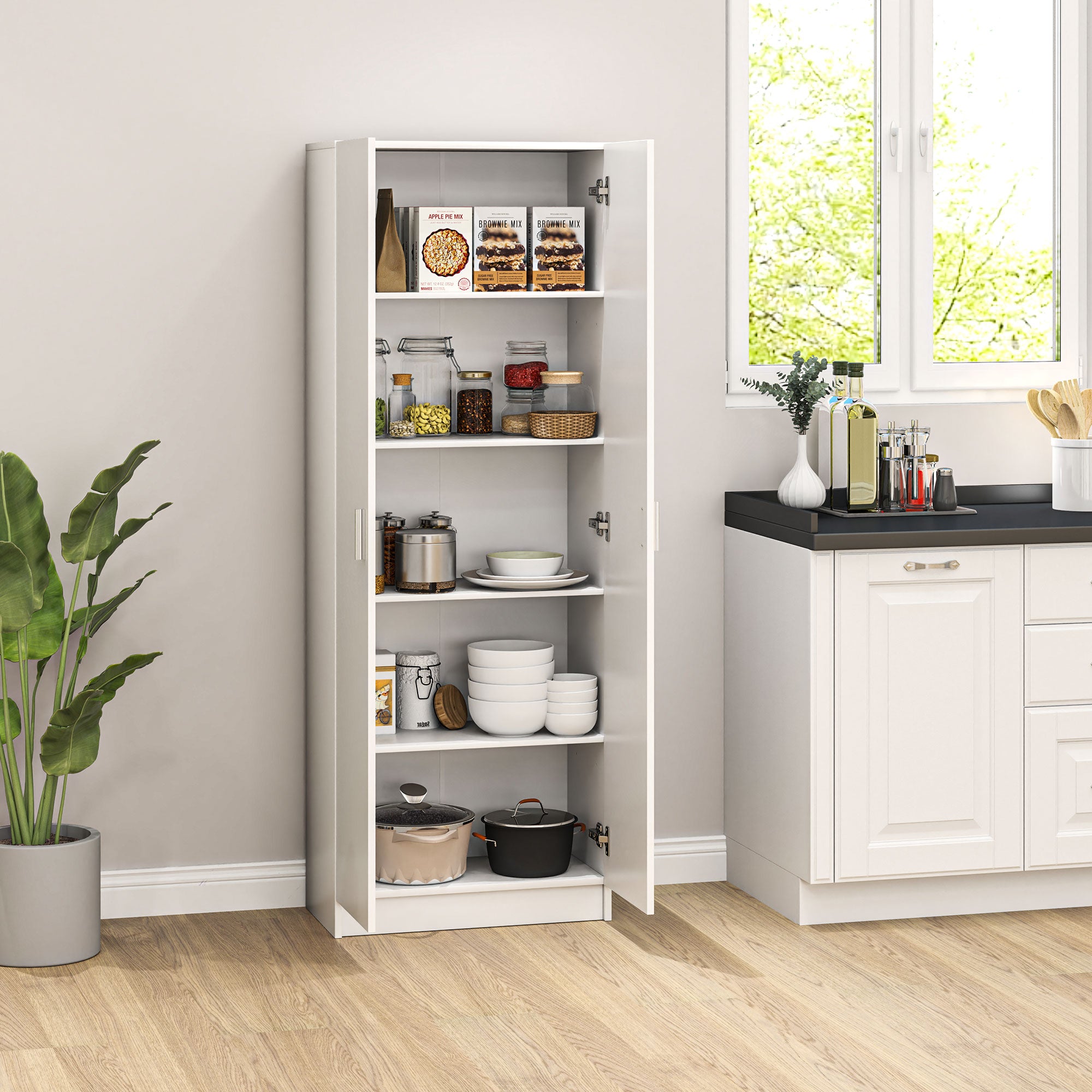 Modern Multipurpose Cabinet with 5 Shelves and Adjustable Levels, in Wood, 60x31.5x165 cm, White