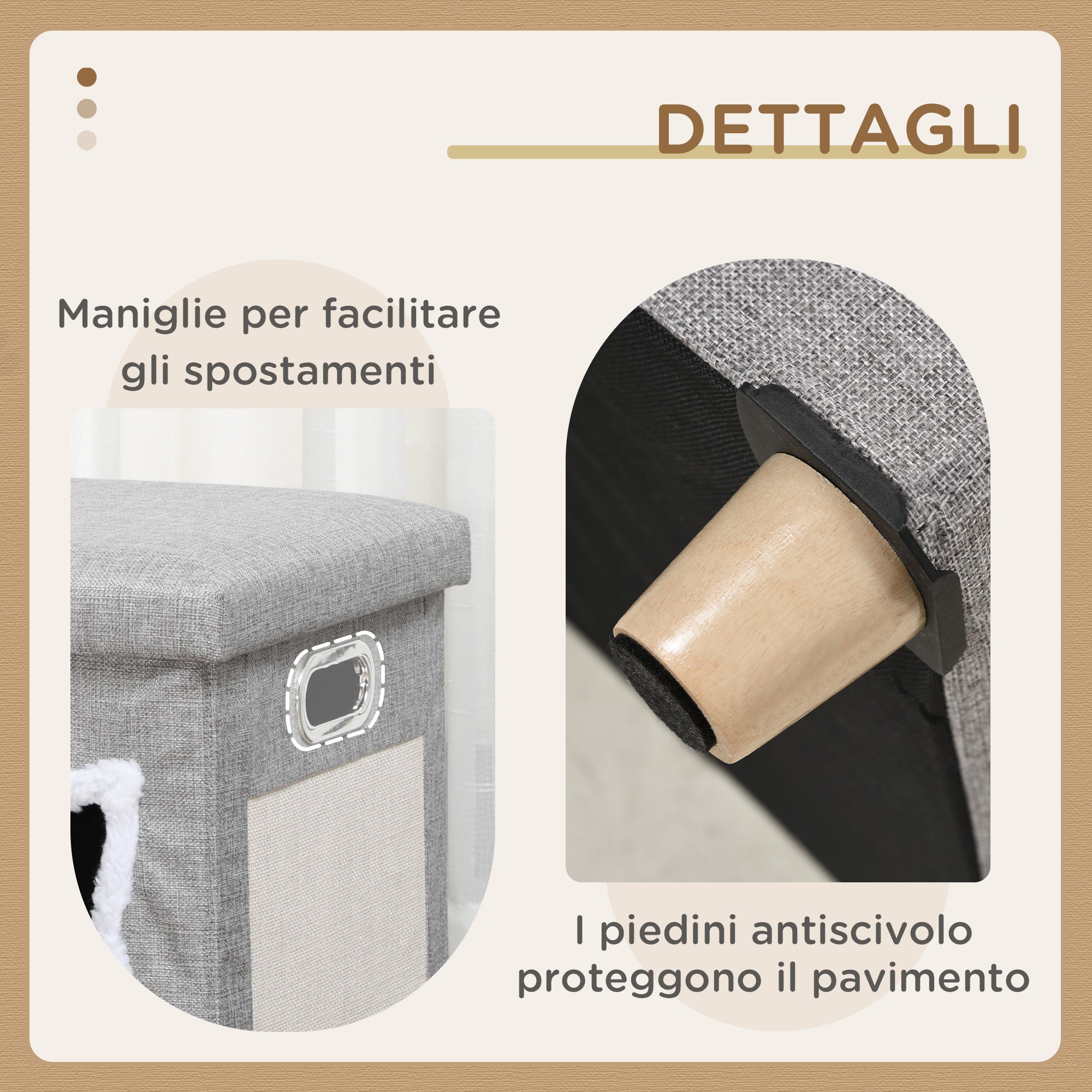 Cat House with Scratching Post, Cushion and Ball, Made of Wood and Polyester, 35.5x35.5x42.5 cm, Cream and Grey