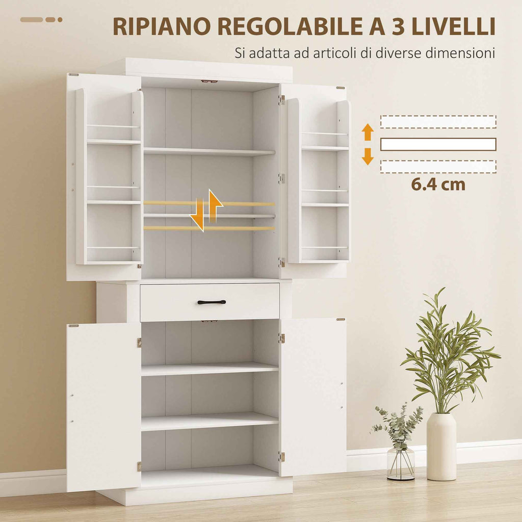 HOMCOM Country Style Kitchen Pantry with 2 Cabinets, 6 Shelves and Drawer, Wooden, 76x39.5x183.5 cm, White