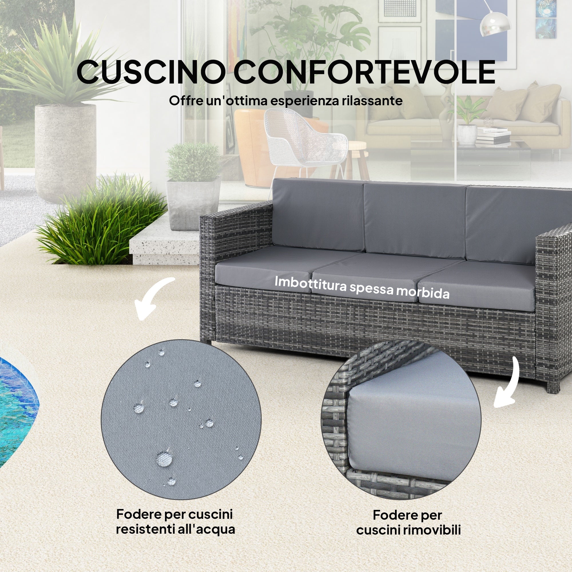 Outsunny 3-Seater Outdoor Sofa in PE Rattan and Metal with Seat and Back Cushions, 185x70x80 cm, Grey