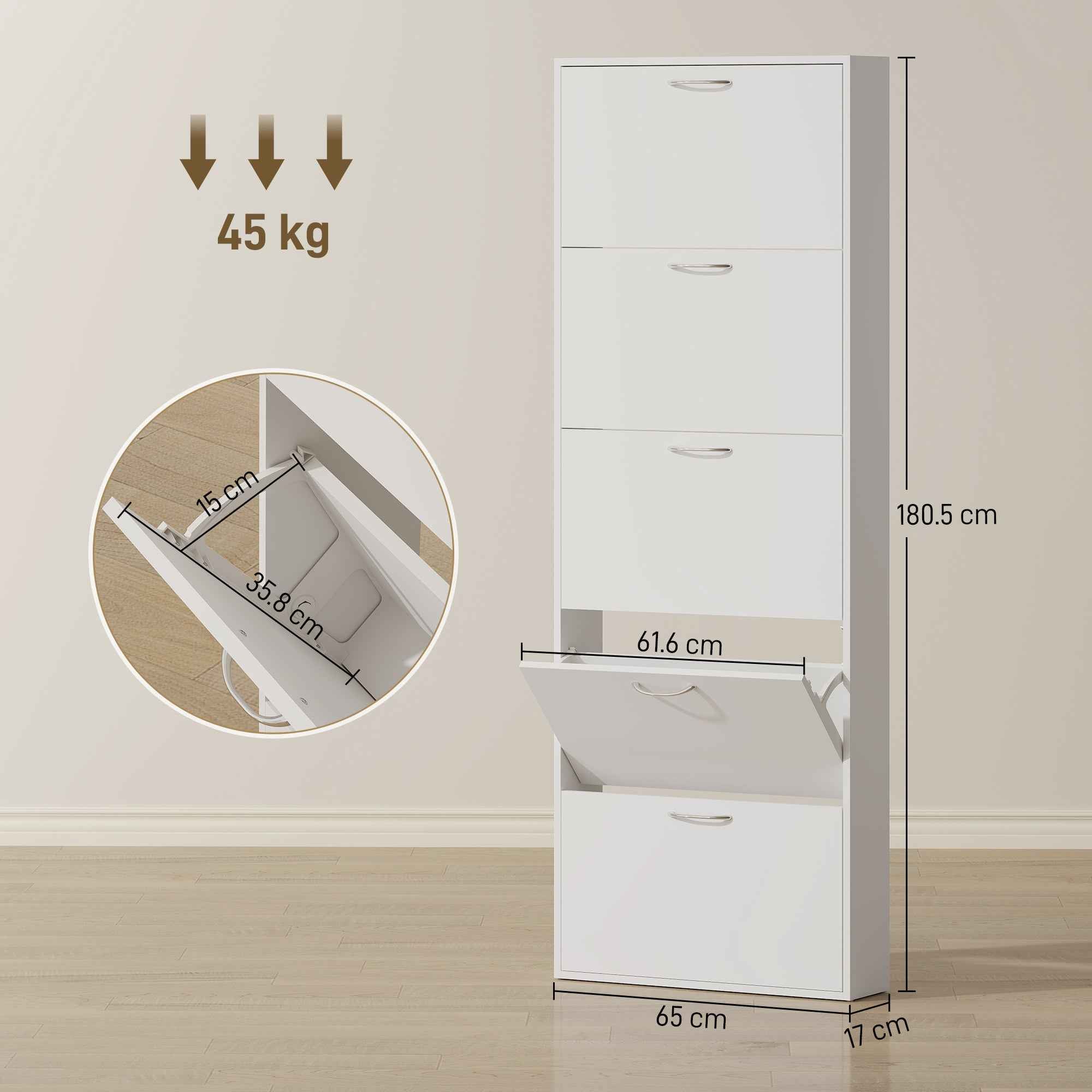 HOMCOM 5-Door Anti-Tip Wooden Shoe Rack, 65x17x180.5 cm, White