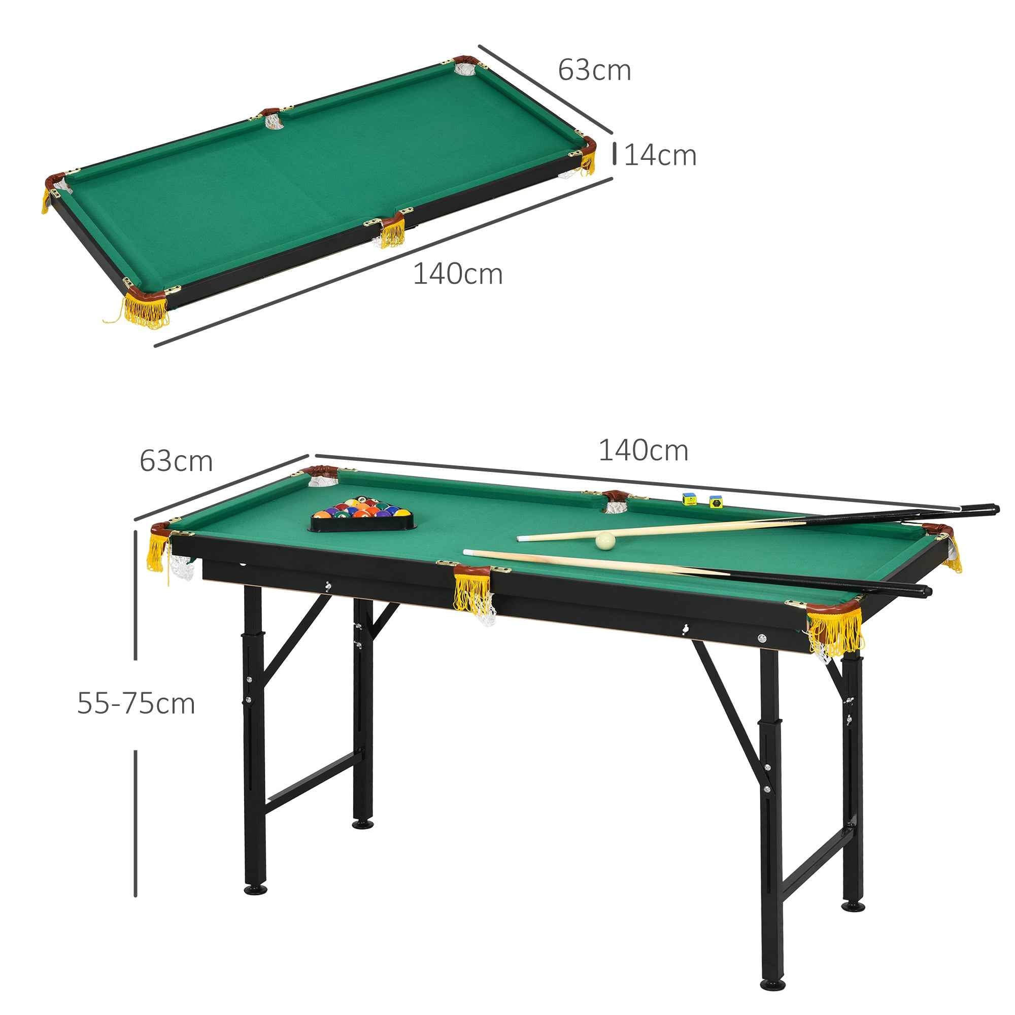 SPORTNOW Height-Adjustable Pool Table with Accessories, MDF and Steel, 140x63x55-75 cm, Green