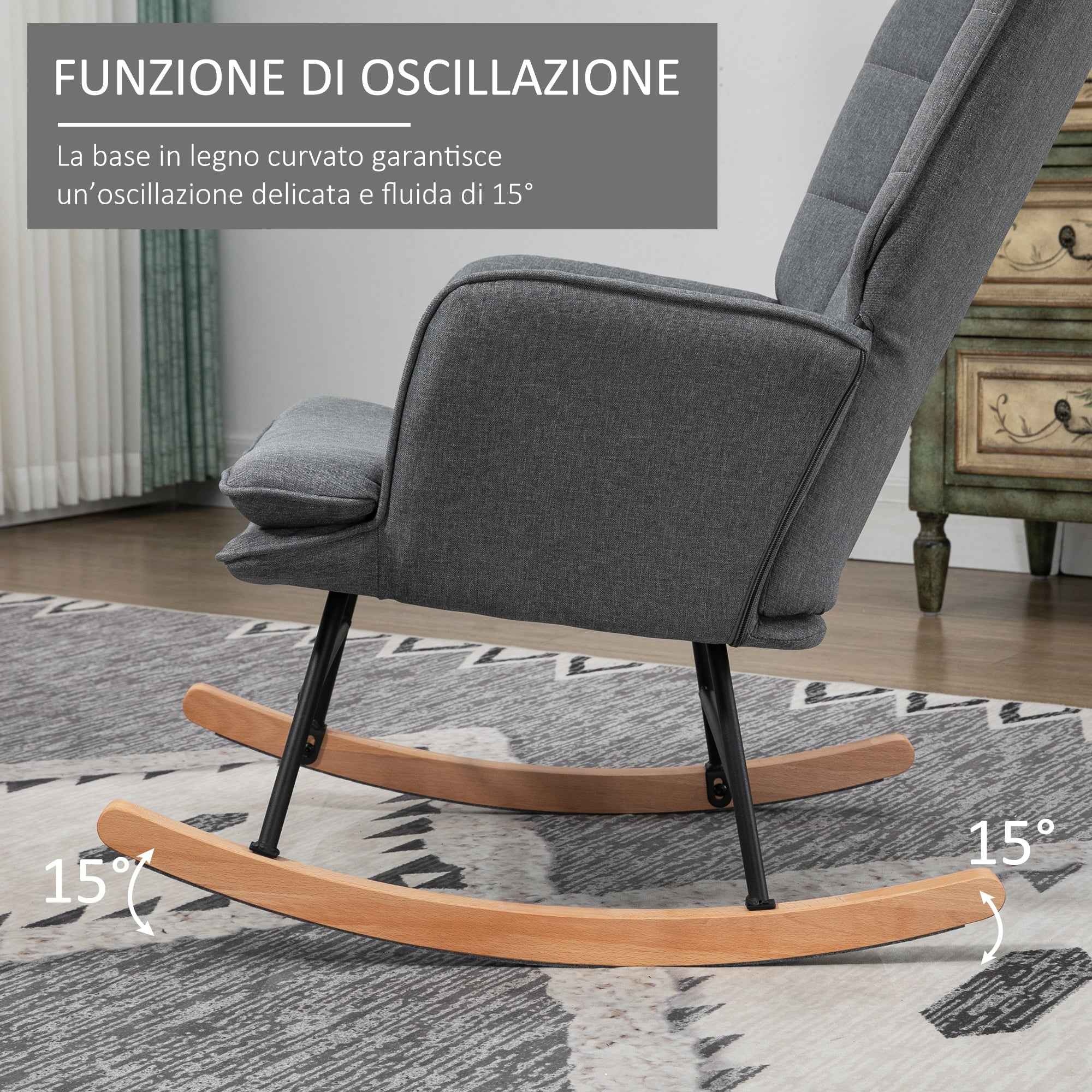 HOMCOM Rocking Chair with Ottoman in Linen and Wood Effect Fabric with Cushion, Armrests, 130 kg Capacity, Grey