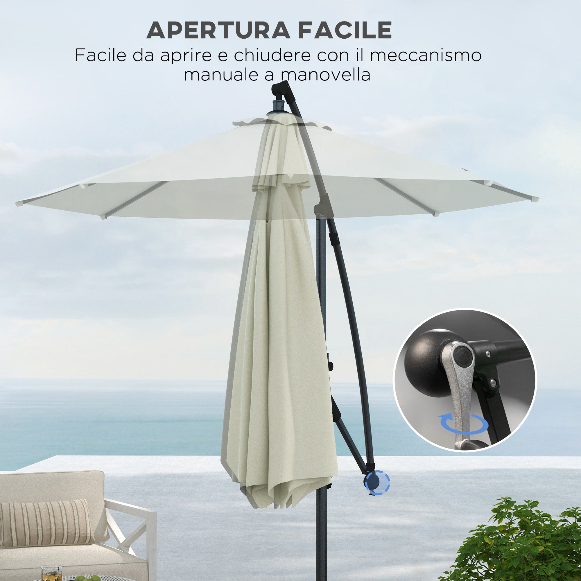 8-Rib Umbrella with Cross Base, in Aluminium, Metal and Polyester, Ø3x2.6 m, Cream - Borgè