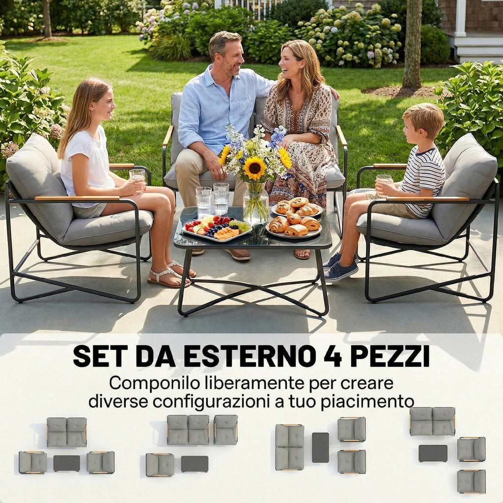 Outsunny 4-Seater Garden Lounge Set with 2-Seater Sofa and 2 Armchairs with Cushions, Light Grey