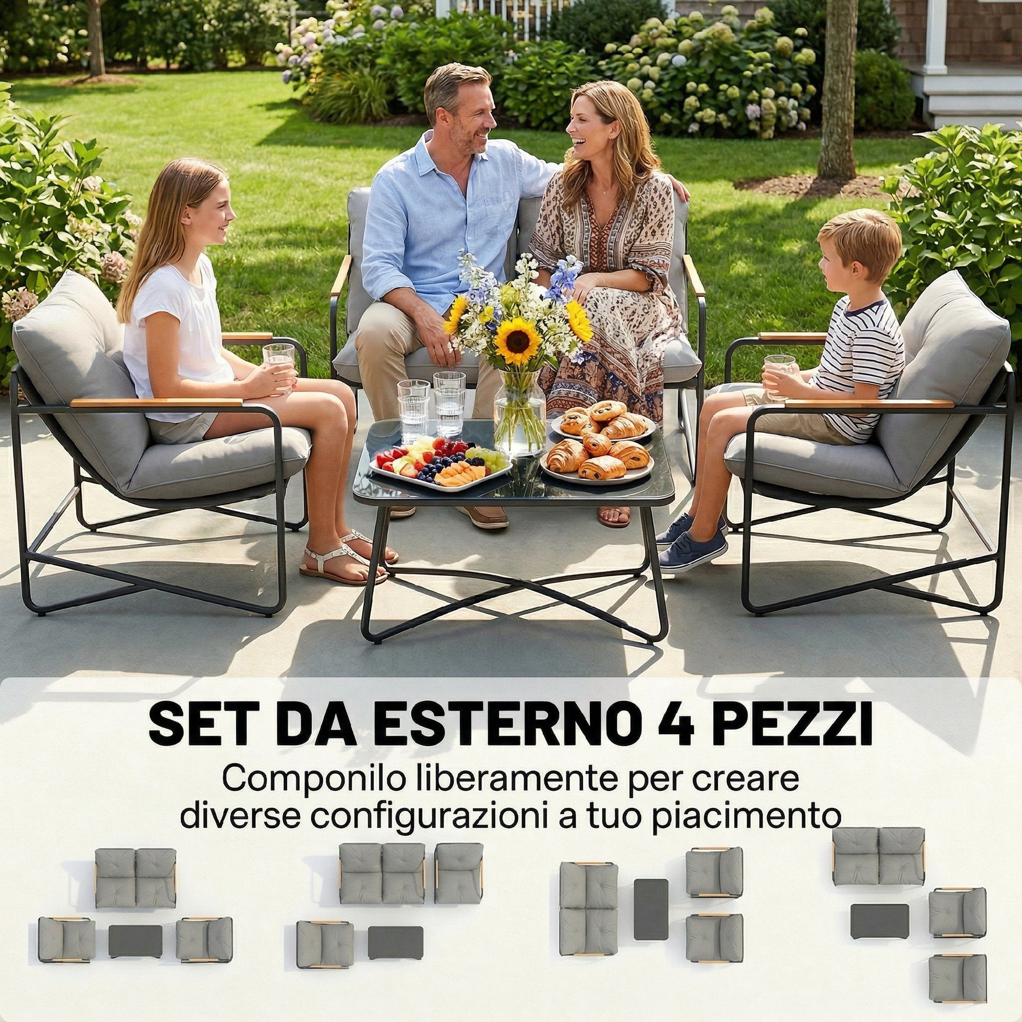Outsunny 4-Seater Garden Lounge Set with 2-Seater Sofa and 2 Armchairs with Cushions, Light Grey
