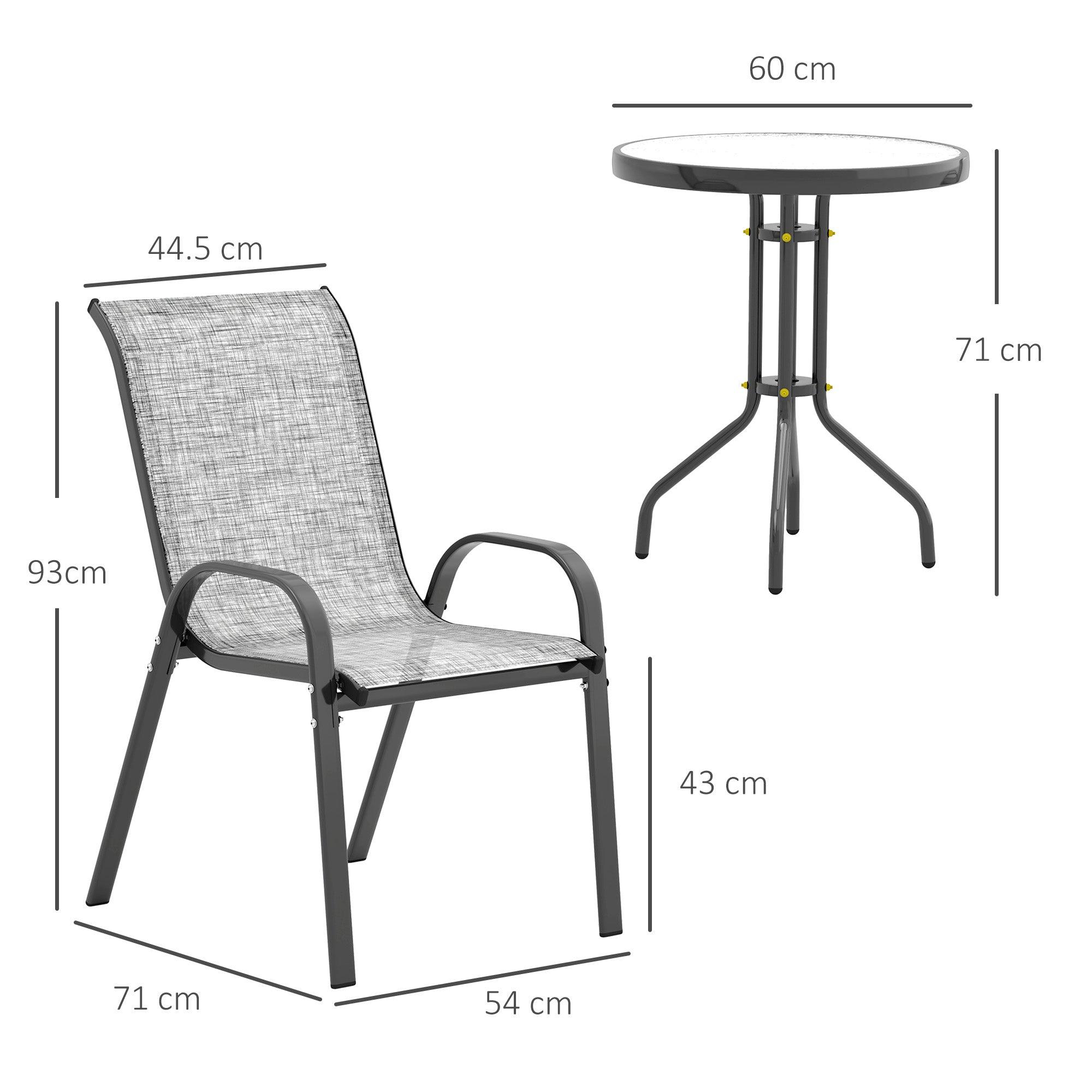 Outsunny 3-Piece Garden Set with 2 Garden Chairs 54x71x93 cm and Round Table Ø60x71 cm in Grey Steel