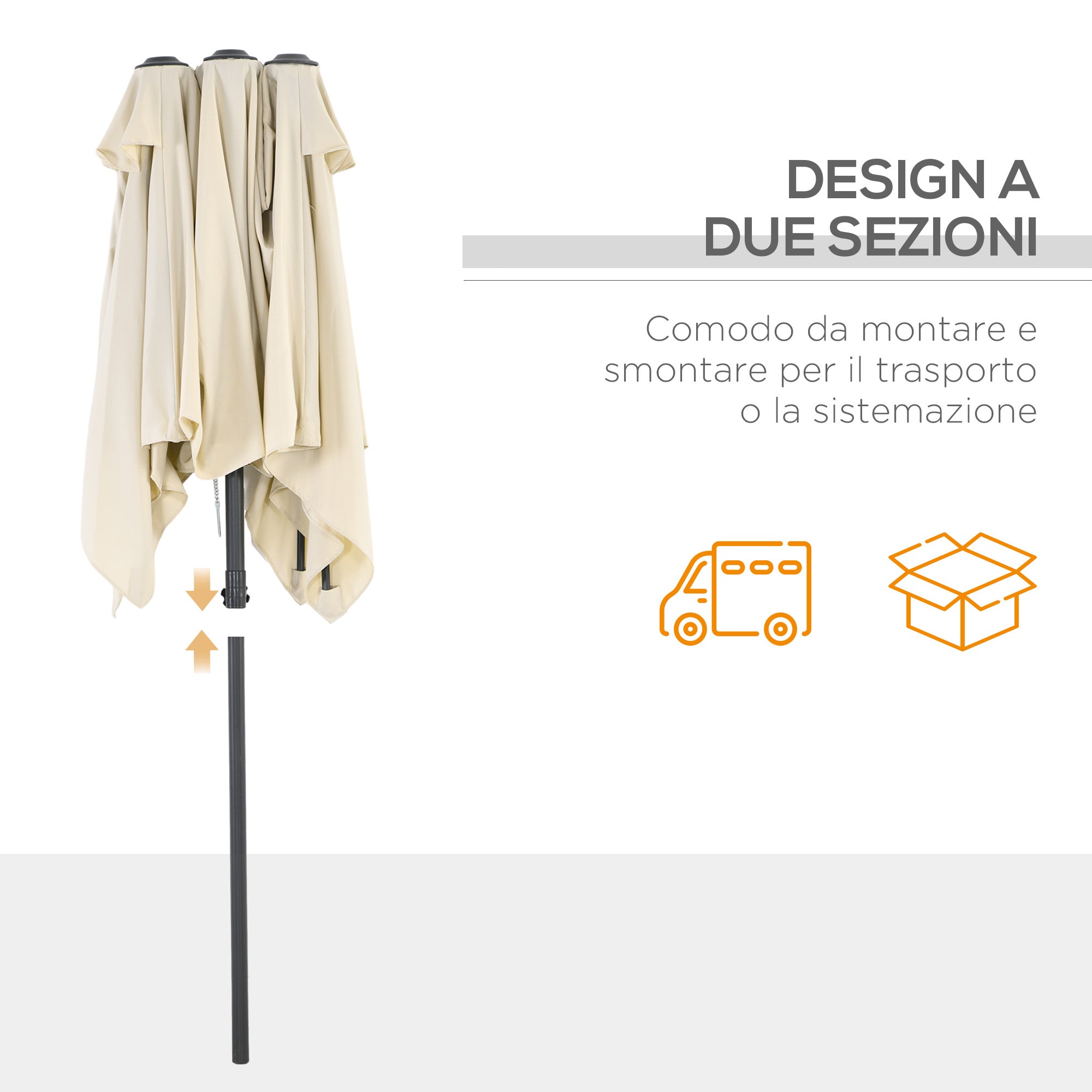 Double Tilting and Adjustable Umbrella with Cord, in Polyester and Metal, 150x295x170-214 cm, Cream