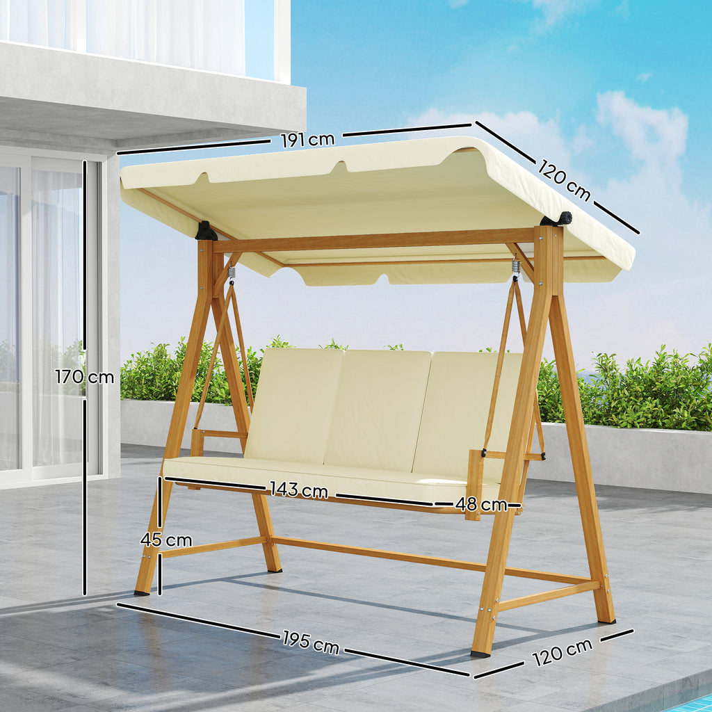 3 Seater Garden Swing with Adjustable Canopy and Cushions, 195x120x170 cm, Beige