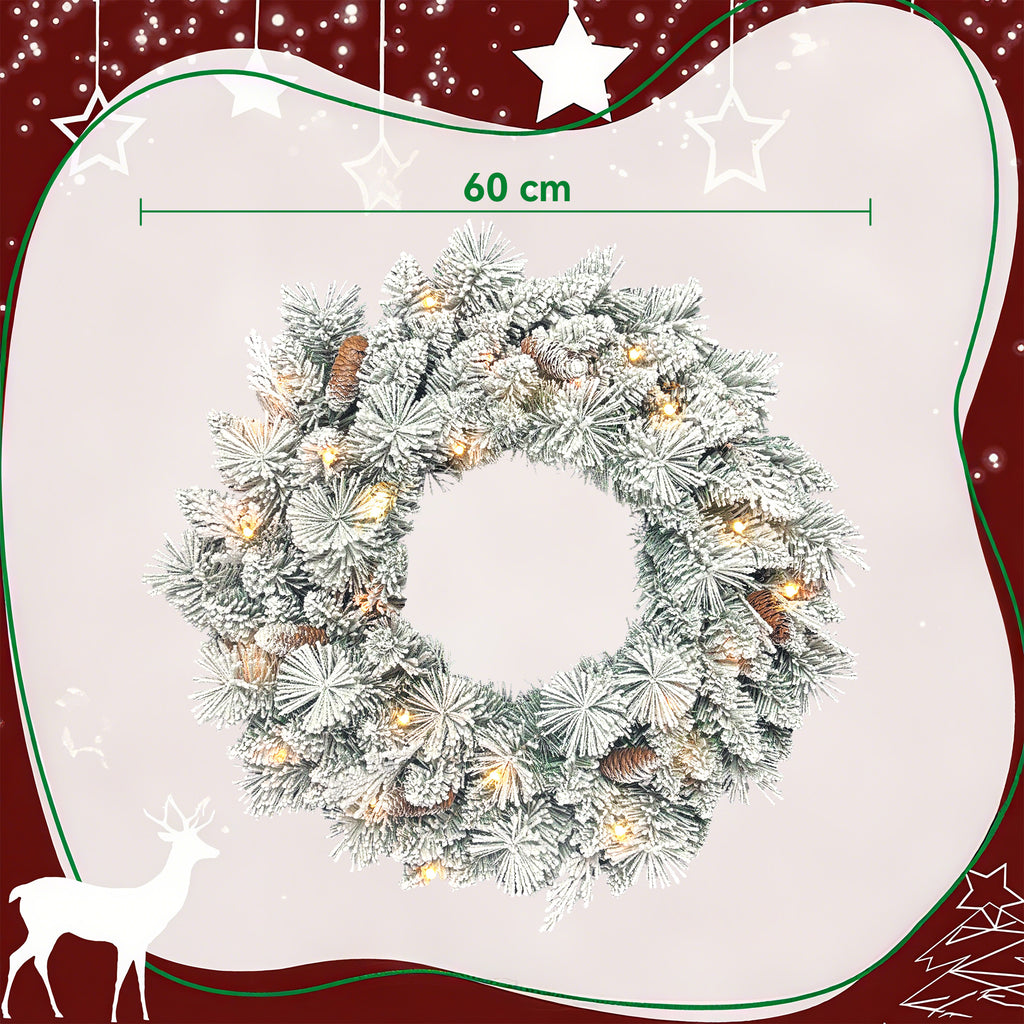 60cm Snow-Covered Christmas Wreath, 35 LED Lights with Timer and Decorative Pine Cones