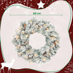 60cm Snow-Covered Christmas Wreath, 35 LED Lights with Timer and Decorative Pine Cones