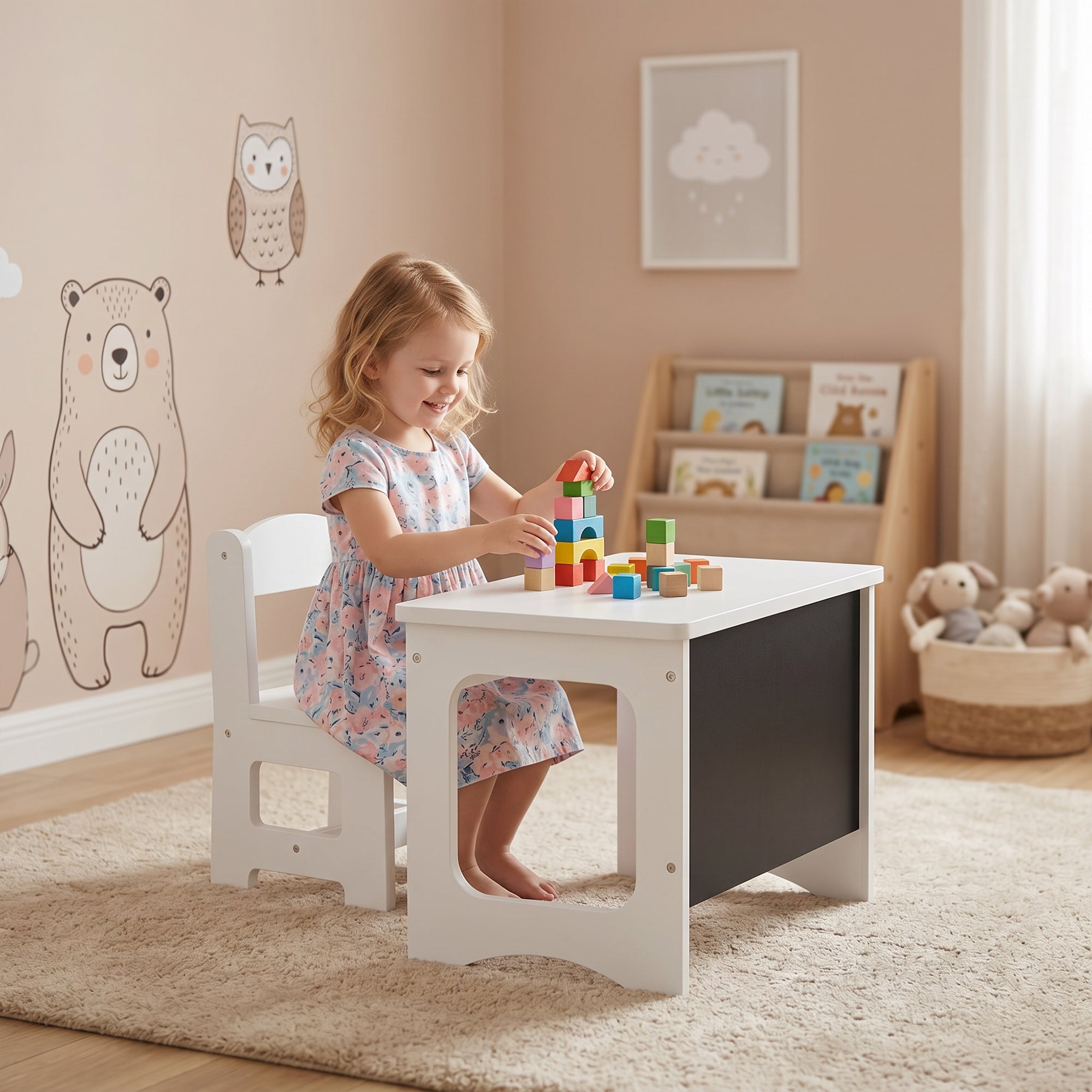 AIYAPLAY Wooden Table and Chair Set for Children Ages 3-6 with Reversible Top, Rounded Corners, White