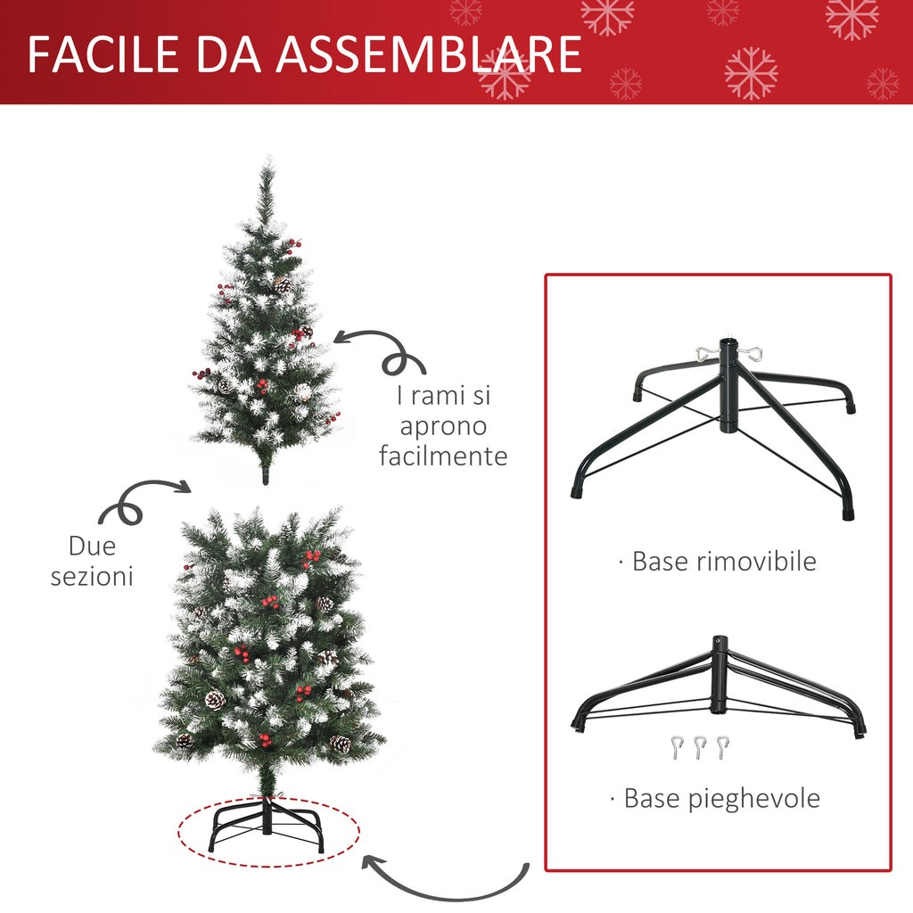 HOMCOM 150cm Artificial Snow-Covered Christmas Tree with Red Berries and White Pine Cones, Removable Folding Base, 408 Branches
