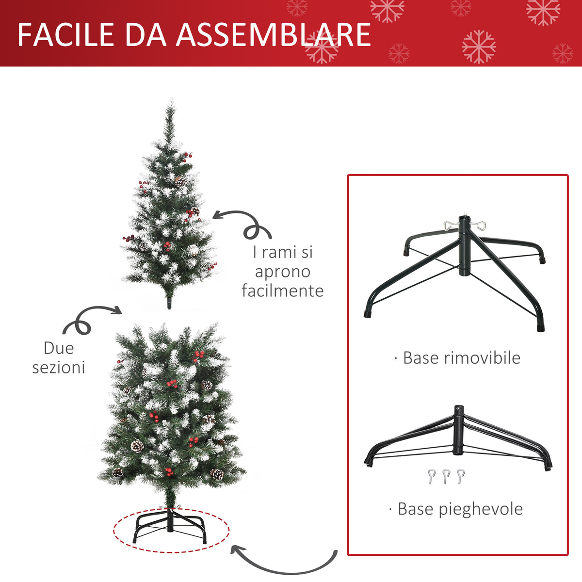 HOMCOM 150cm Artificial Snow-Covered Christmas Tree with Red Berries and White Pine Cones, Removable Folding Base, 408 Branches
