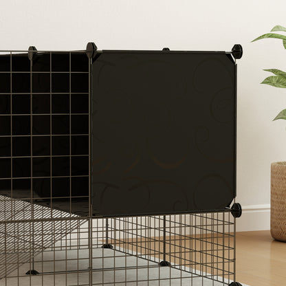 Modular Small Animal Cage with Raised Houses for Guinea Pigs and Hedgehogs, Black