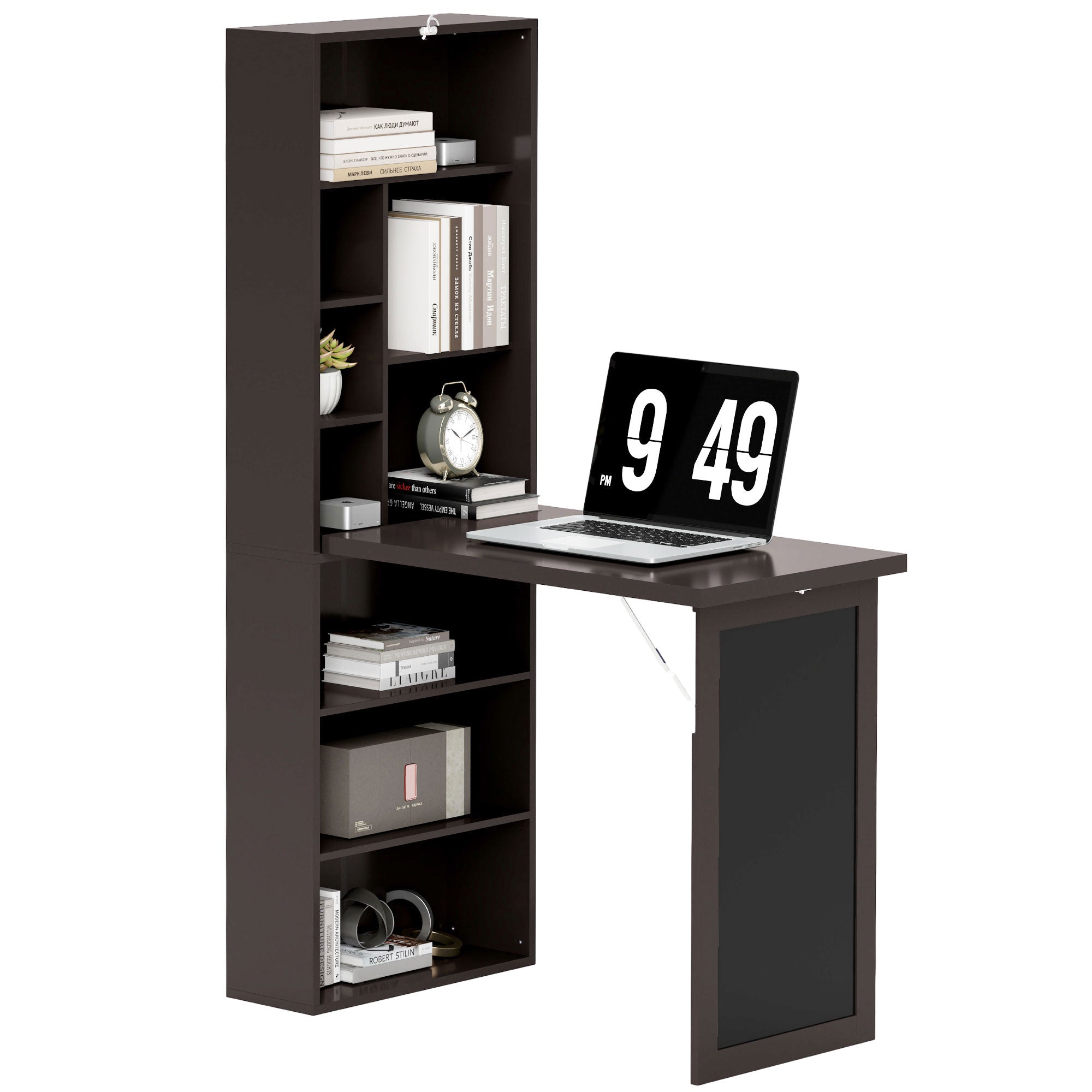 Modern Folding Desk with Bookcase and Blackboard, Wood and Metal, 98x51x153 cm, Brown