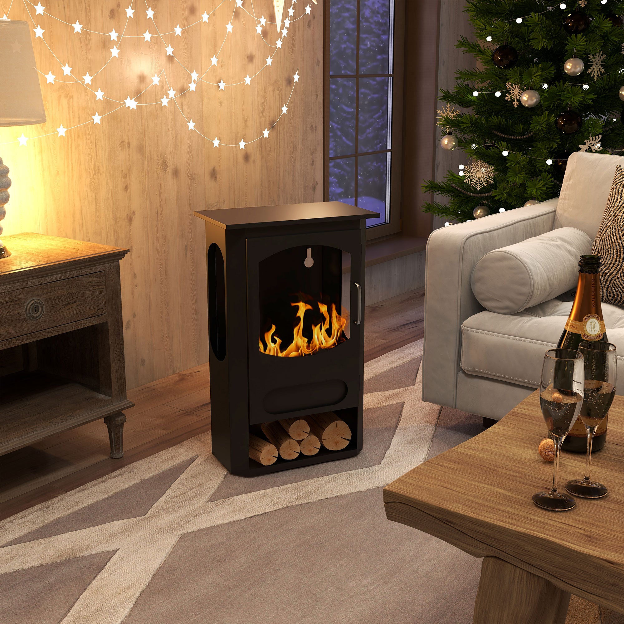 Freestanding Bioethanol Fireplace, 1.2L Burner, 3 Hour Burn Time, 20-25m² Heated Area, Black