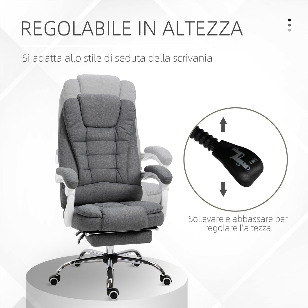 Reclining Office Chair with Retractable Footrest and High Back in Fabric, Grey