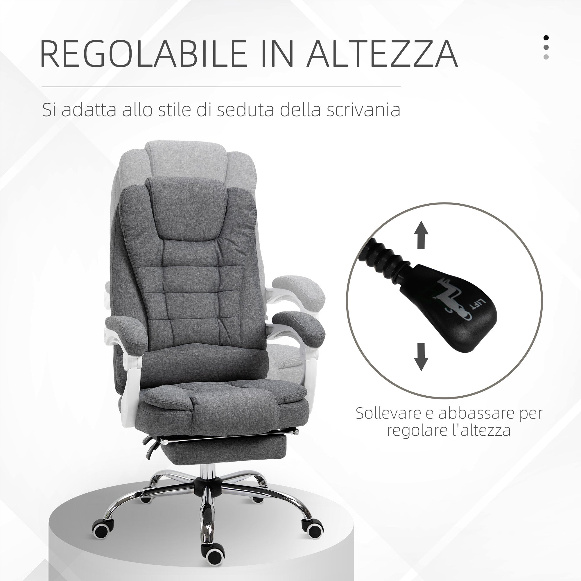 Reclining Office Chair with Retractable Footrest and High Back in Fabric, Grey