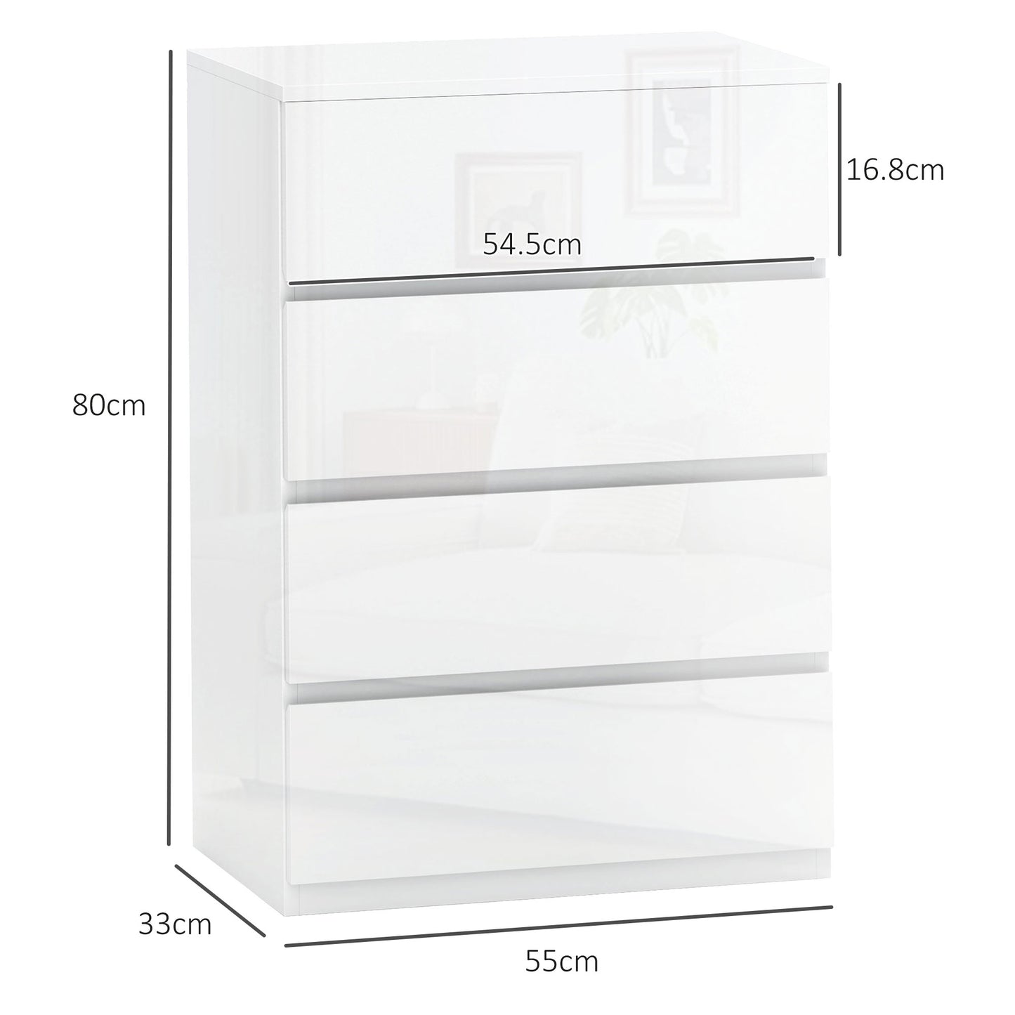 Modern Chest of Drawers 4 Anti-Tip Wooden Drawers, 55x33x80 cm, Glossy White