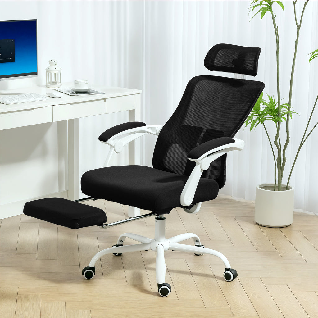 HOMCOM 135° Reclining Office Chair with Footrest, Lumbar Support, Headrest, Height-Adjustable, Mesh, Black