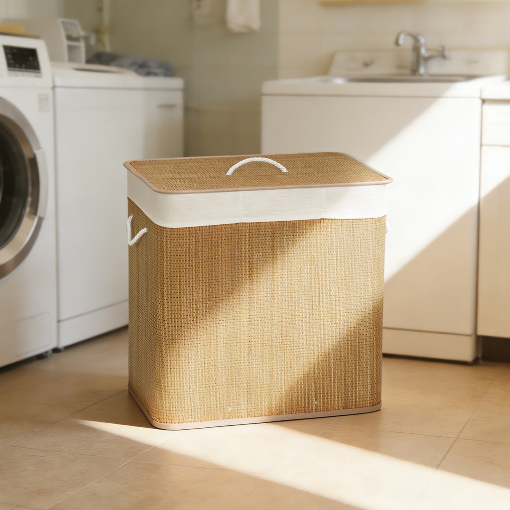 HOMCOM Bamboo Laundry Hamper with Lid, 144L, 3 Compartments, Removable and Washable Bag, Handles, Brown