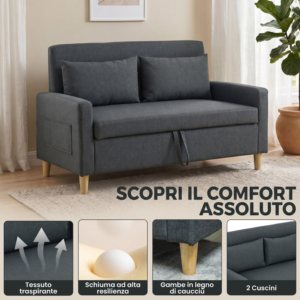 HOMCOM 2-Seater Sofa with Storage Space and Cushions, in Linen and Wood Effect Fabric, 135x72x84 cm, Dark Grey