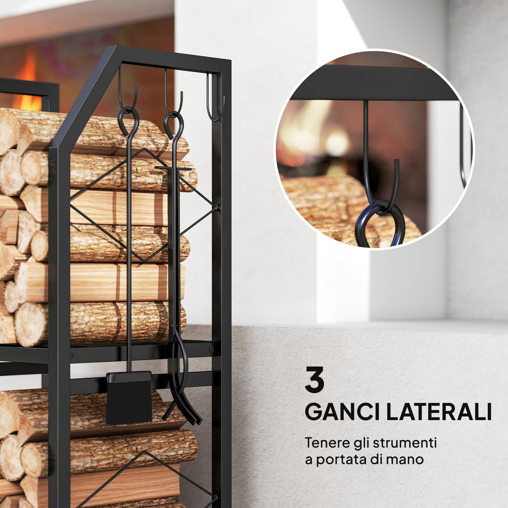 2-Tier Indoor and Outdoor Log Rack with 3 Side Hooks in Steel, 41x30x81 cm, Black