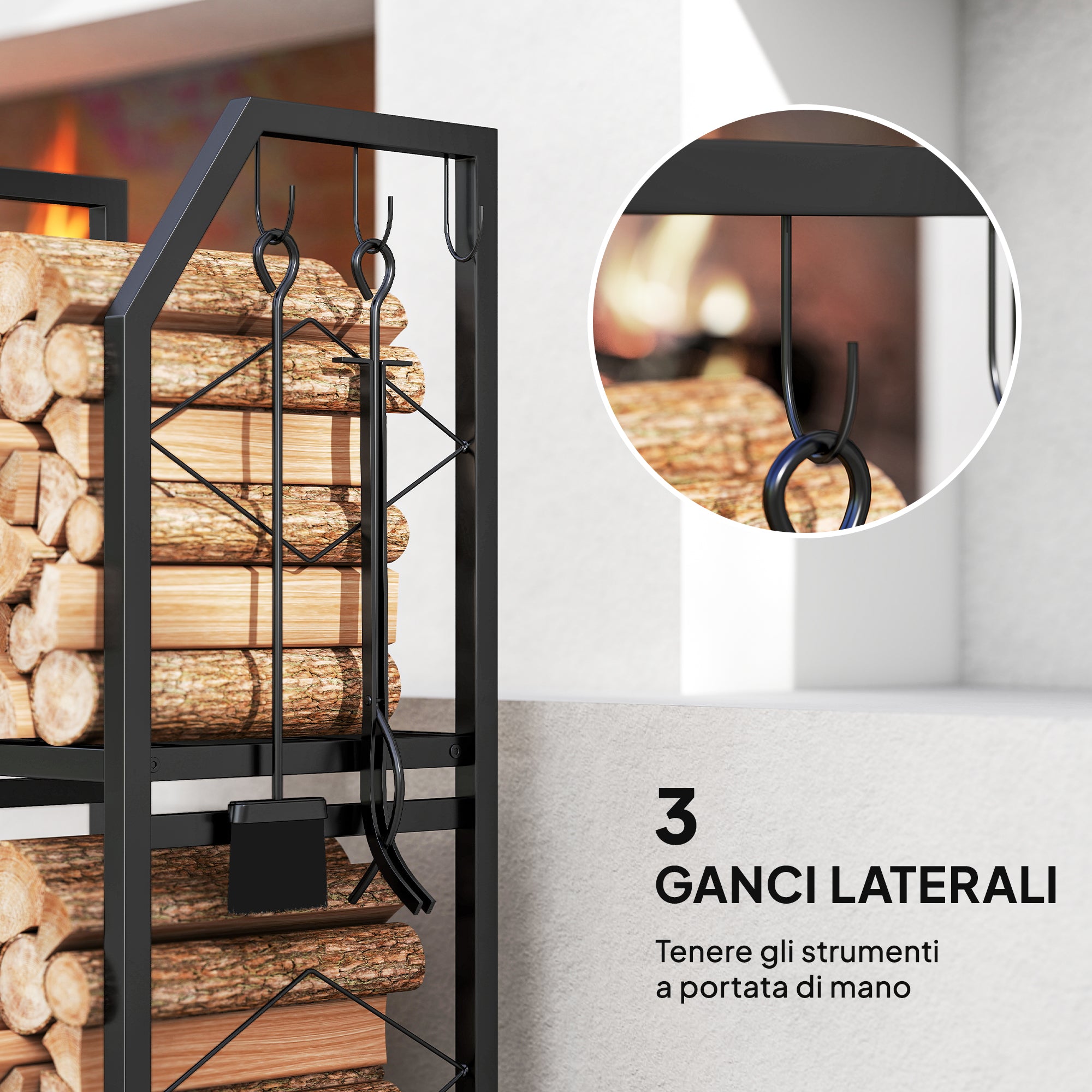 2-Tier Indoor and Outdoor Log Rack with 3 Side Hooks in Steel, 41x30x81 cm, Black