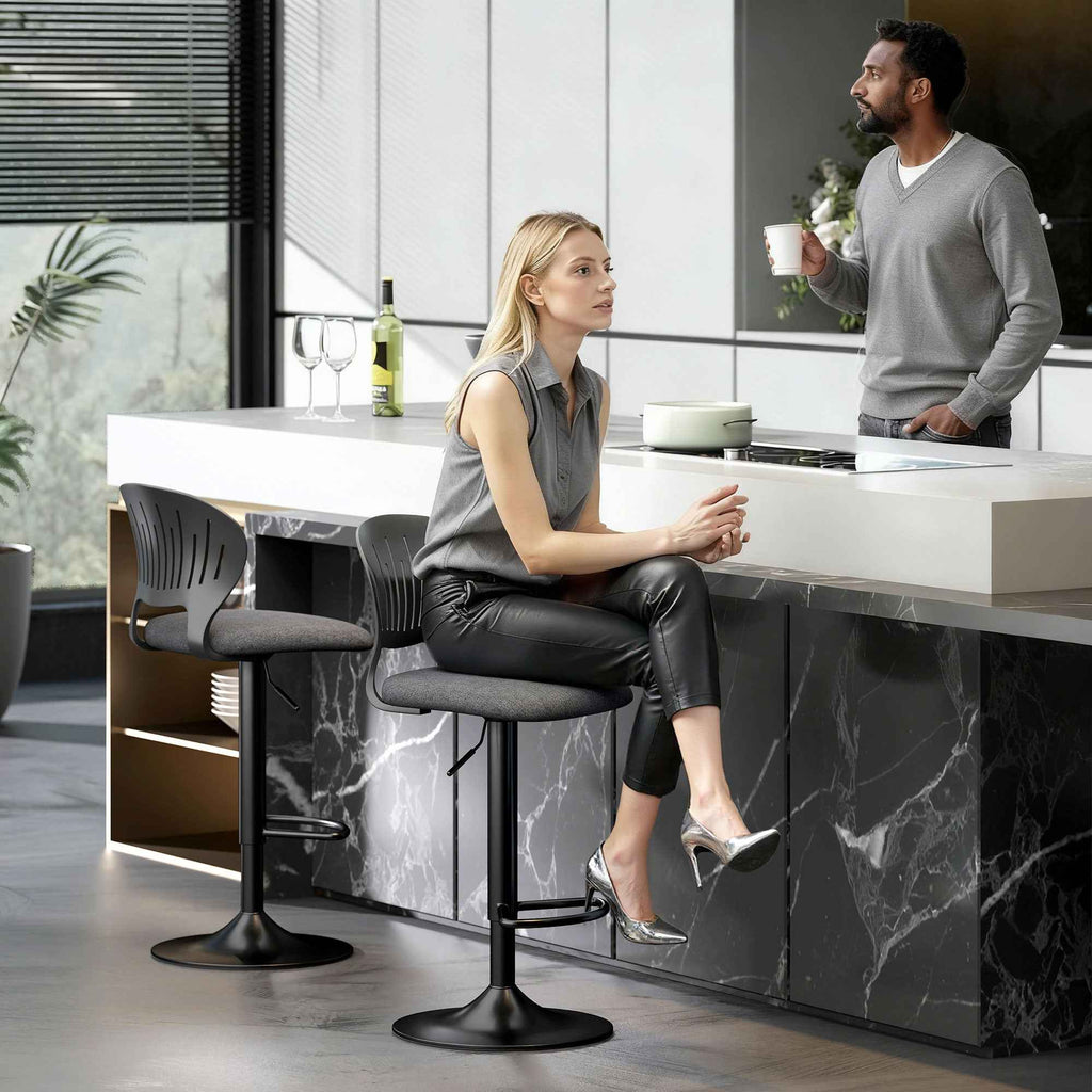 HOMCOM Set of 2 Breathable Linen-Effect Fabric and Metal Bar Stools with Footrest, 40.5x43x84-105 cm, Black