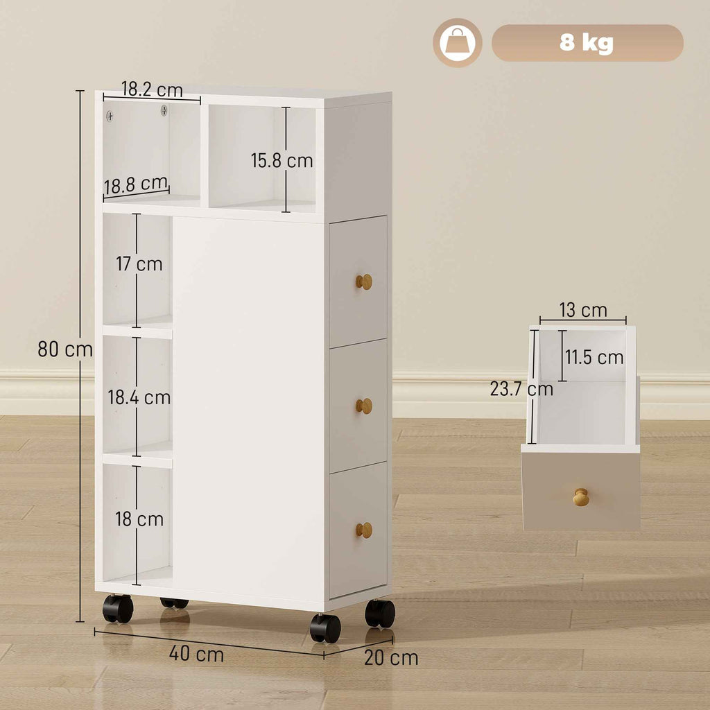 HOMCOM Space-Saving Bathroom Cabinet with Wheels, 3 Drawers and 5 Compartments with Adjustable Shelves, 20x40x80 cm, White