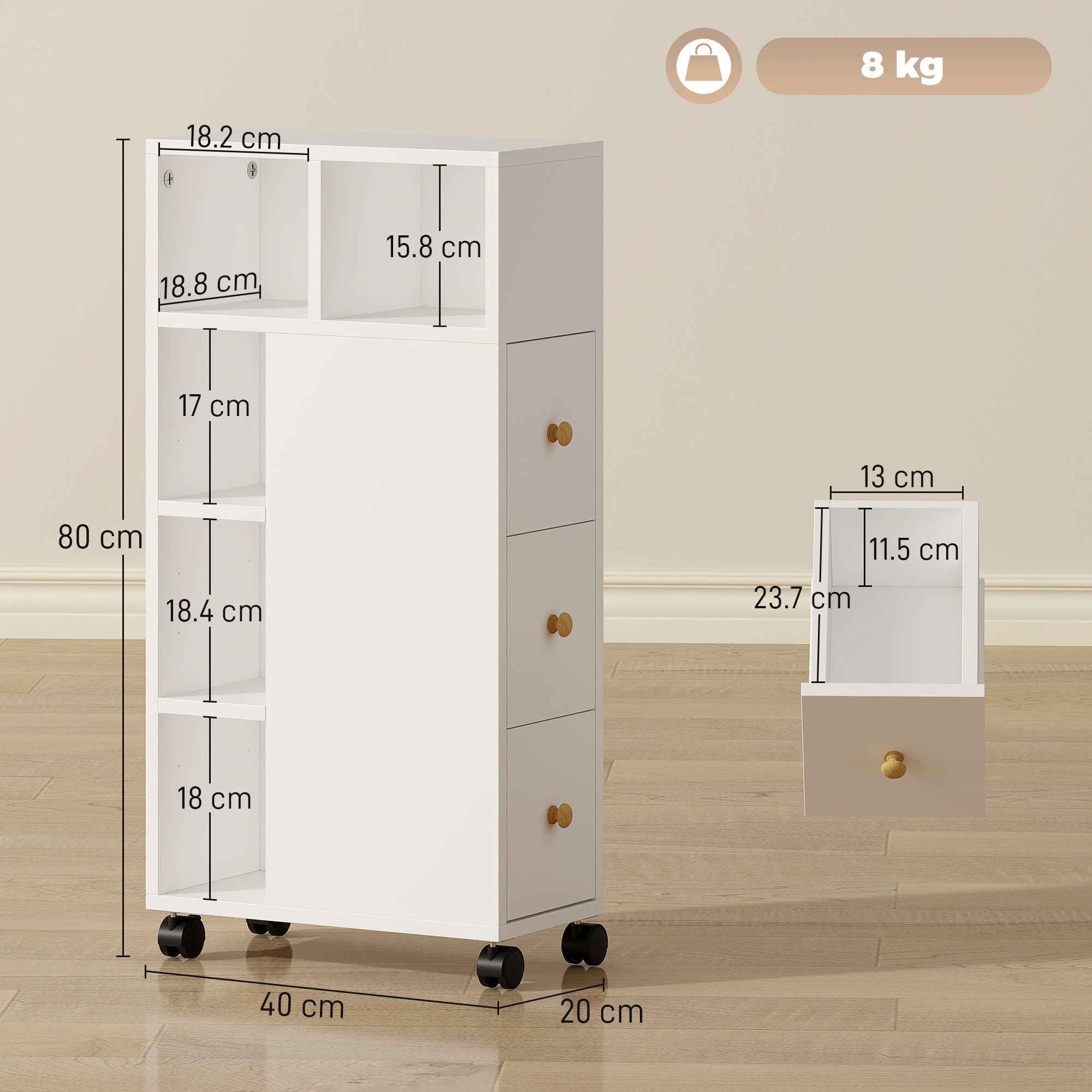 HOMCOM Space-Saving Bathroom Cabinet with Wheels, 3 Drawers and 5 Compartments with Adjustable Shelves, 20x40x80 cm, White