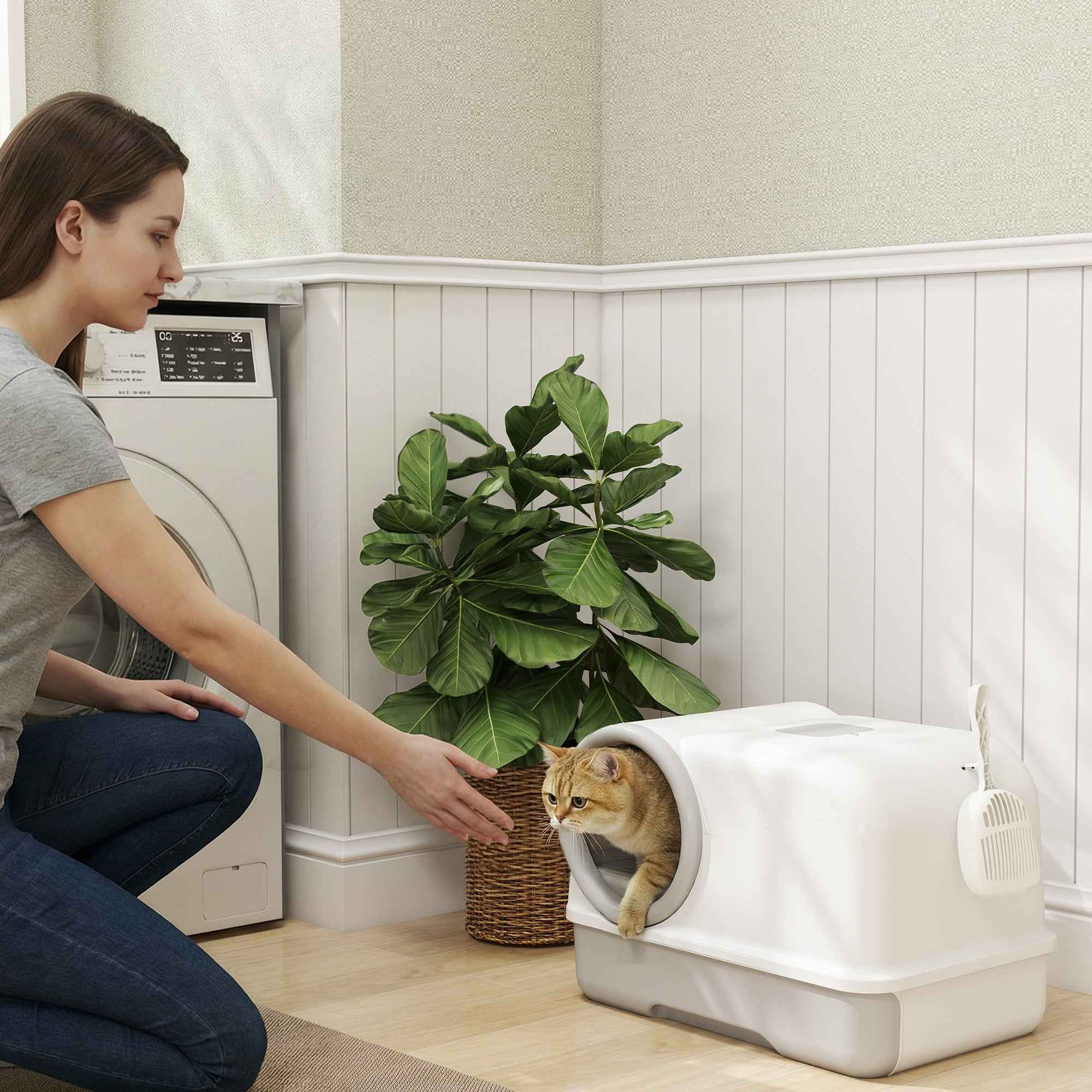 PawHut Enclosed Cat Litter Box with Tray, Scoop and Deodorant Bags, in PP, 59x39.5x39.5 cm, White and Grey
