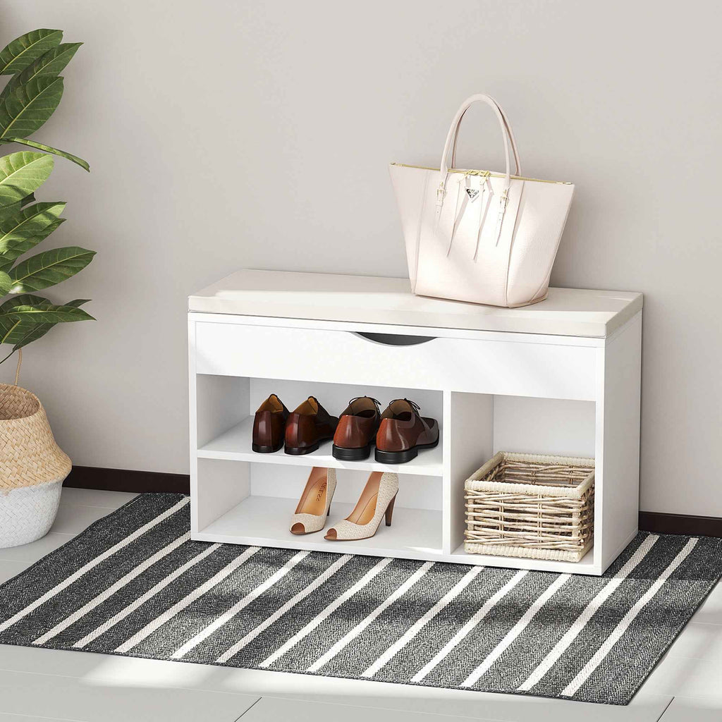 HOMCOM Shoe Bench, Space-Saving Entryway Shoe Rack with Folding Padded Seat, Wood, 80x30x47cm, White