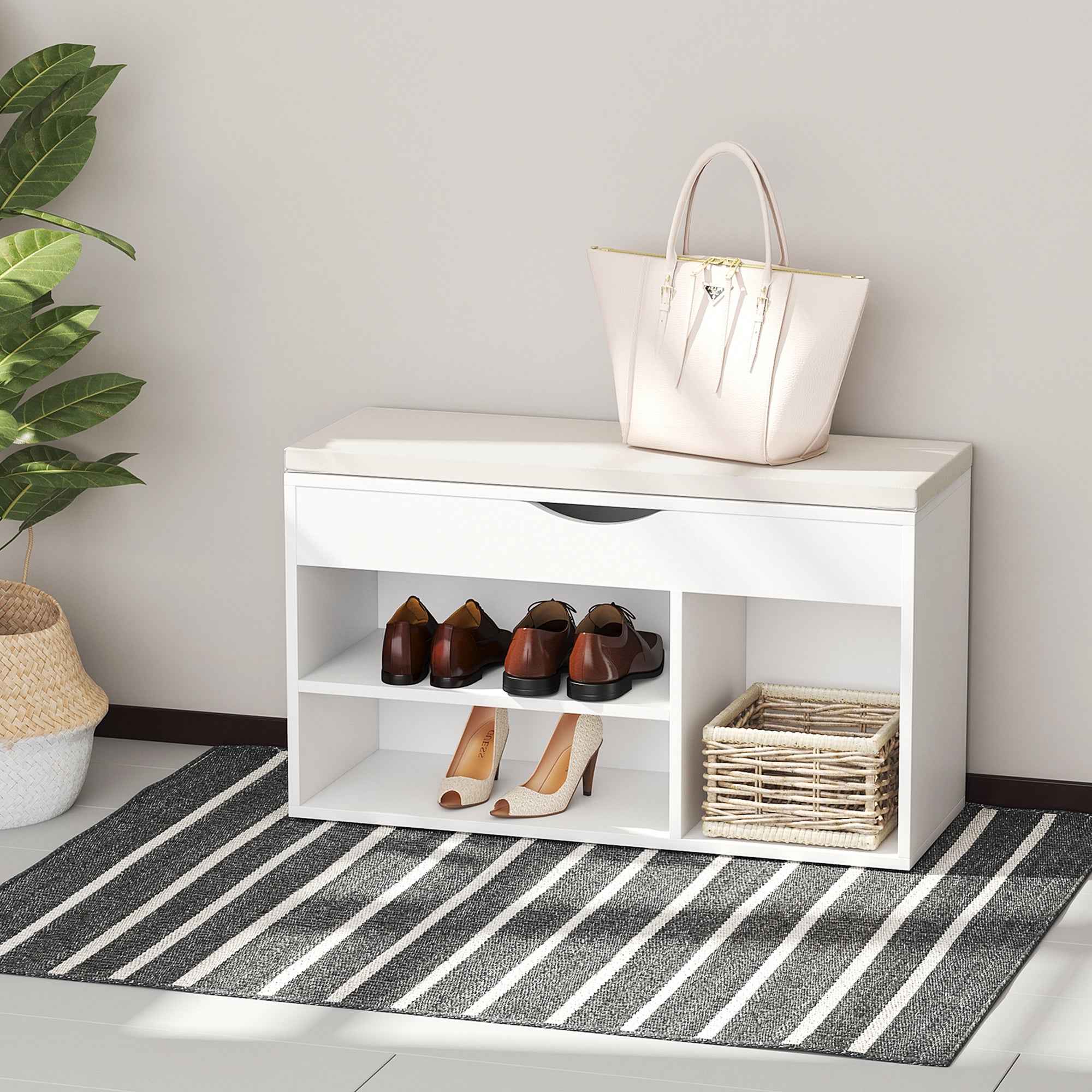 HOMCOM Shoe Bench, Space-Saving Entryway Shoe Rack with Folding Padded Seat, Wood, 80x30x47cm, White