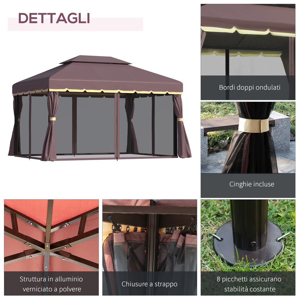 3x4m Garden Gazebo with Double Roof, Mosquito Net and Curtains, Aluminum and Polyester, Coffee Color
